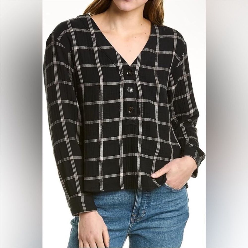 MADEWELL | Lightspun Evert Slub Gauze Plaid Top Black & Cream Women’s Size M